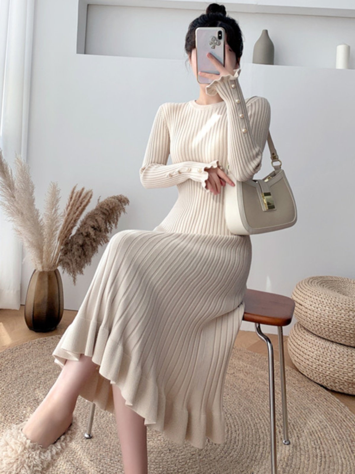 Thickened Mid-Length Crew-Neck Loose-Fit Warm Knitted Womens Dress