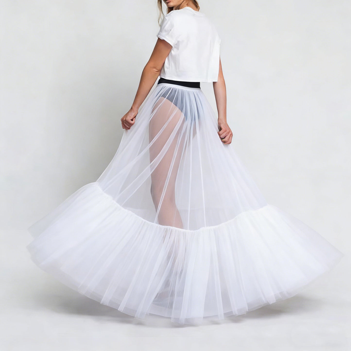 Puffed Fishtail Stiff-net Petticoat With Ruffled Hem Sheer Mid-length Skirt