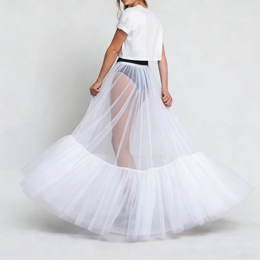 Puffed Fishtail Stiff-net Petticoat With Ruffled Hem Sheer Mid-length Skirt