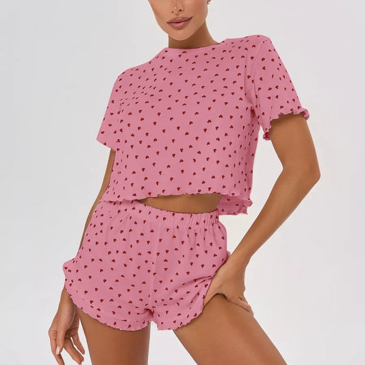 Cotton Heart Print Short Sleeve Pajama Set With Shorts Womens Casual Loungewear