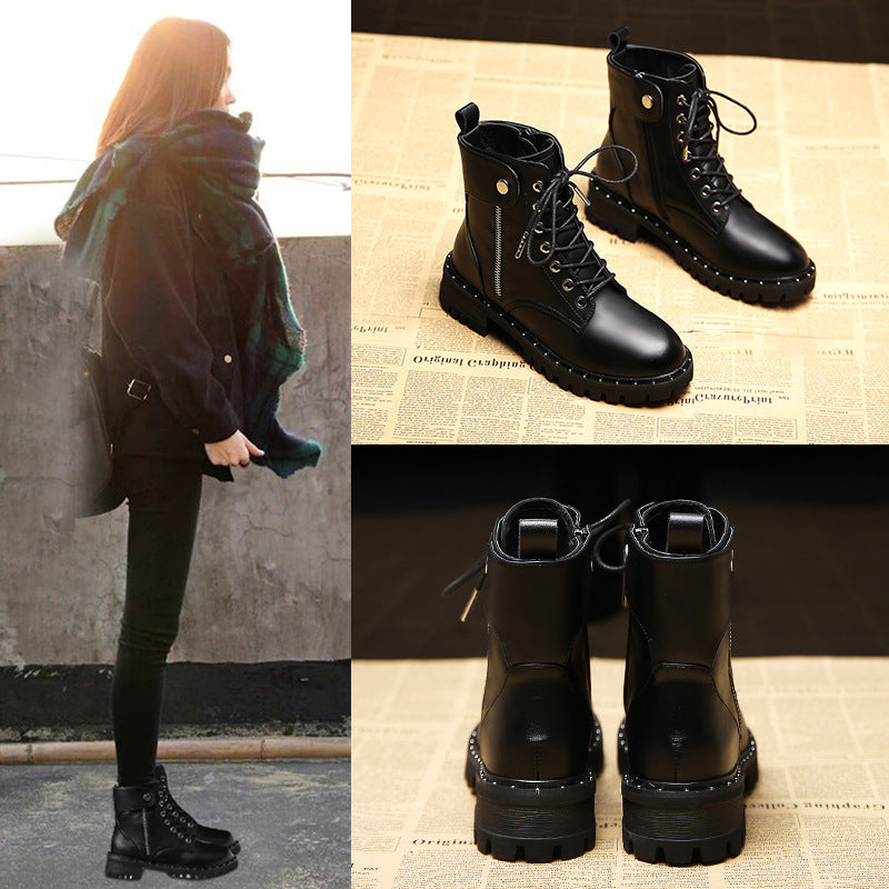 Martin Boots Women's New Autumn And Winter Plus Velvet Thick Bottom All-match Thick Heel