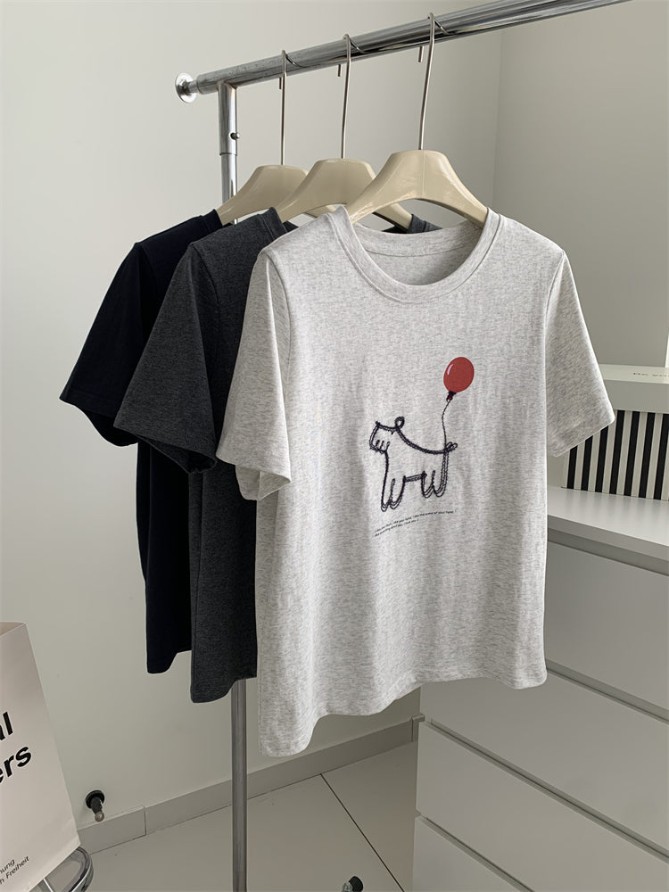 Women's Loose-fitting Casual Round-neck Short-sleeved Balloon Puppy T-shirt