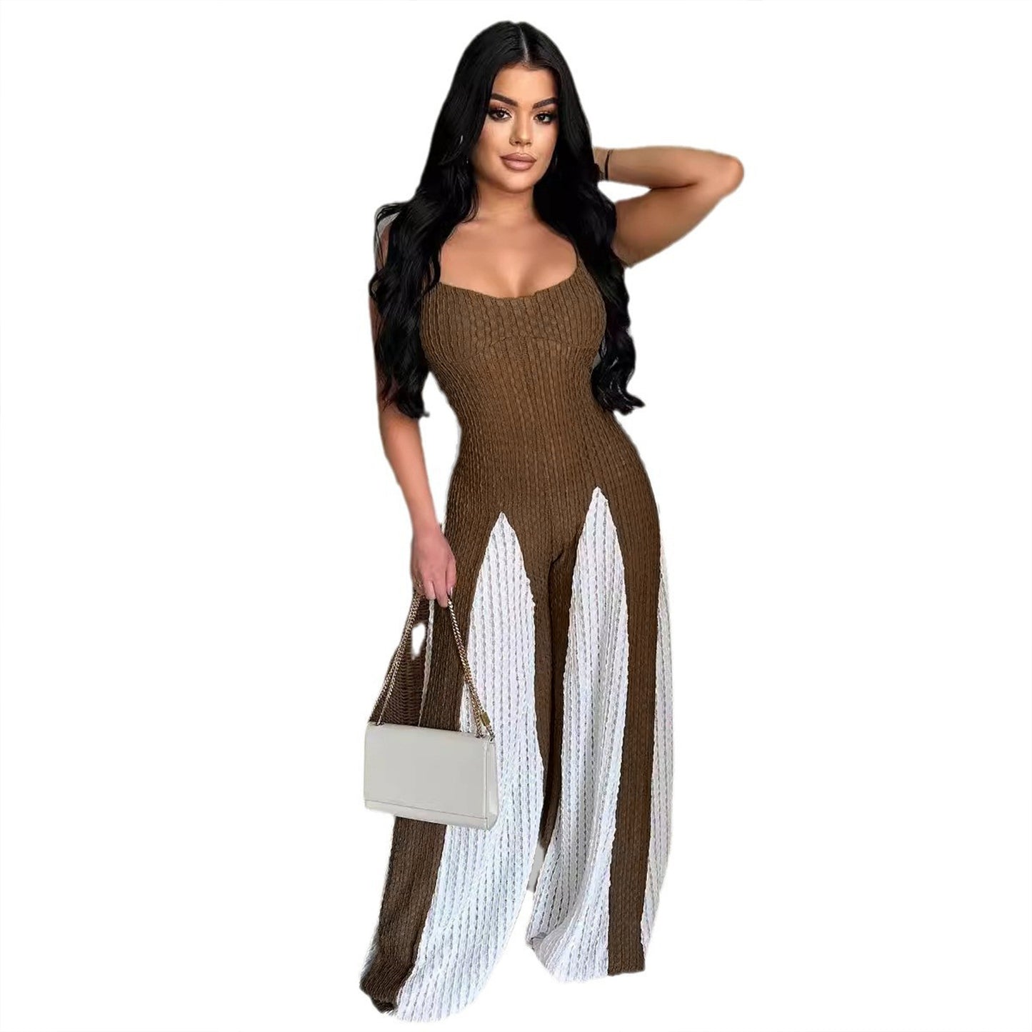 Sexet Jumpsuit Med Udsnit, Brede Ben, Strikket Slynge og Kontrastfarver