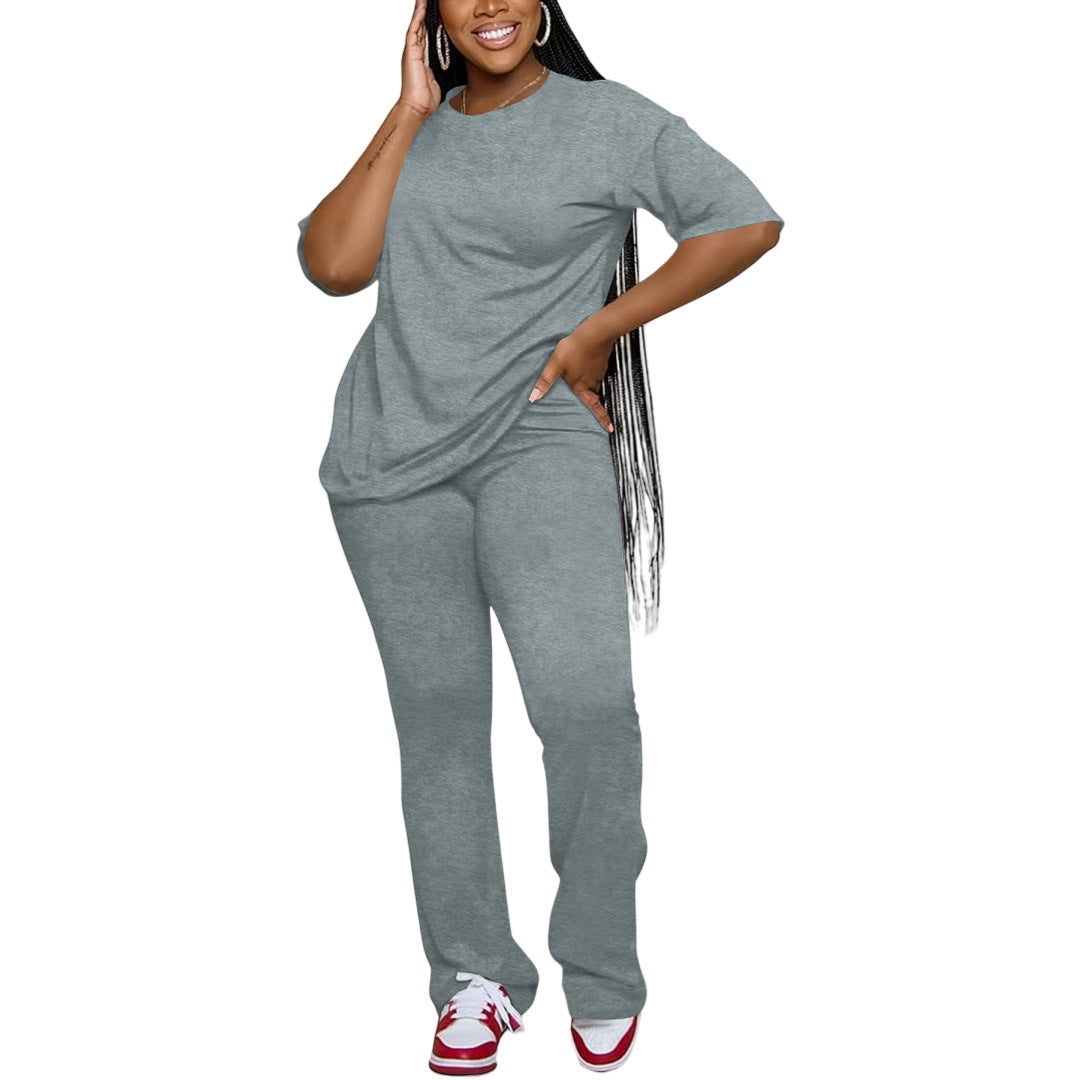 Casual Solid-Color Cotton-Like Crew-Neck Two-Piece Set
