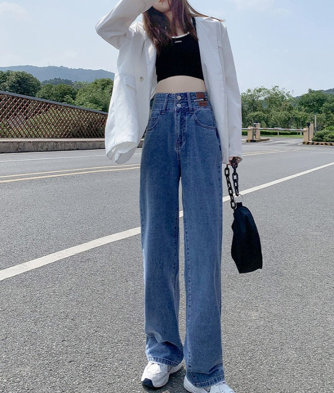 Women's High Waist Straight Loose And Slim Double Button Jeans