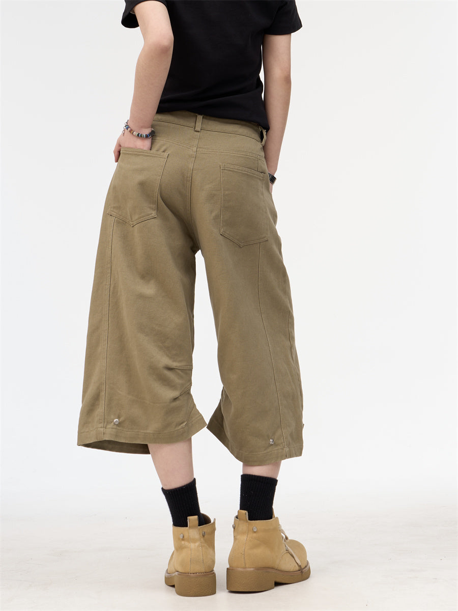 Retro Khaki Workwear Cropped Pants For Women