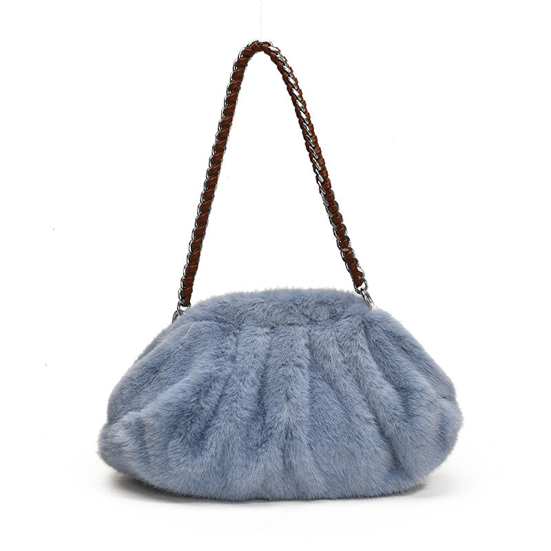Faux Mink Fur Pleated Cloud Plush Shoulder Bag