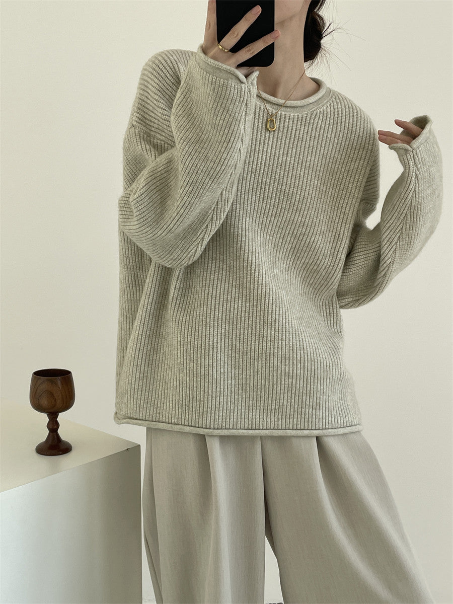Solid-color Ribbed Irregular Knit Pullover Sweater