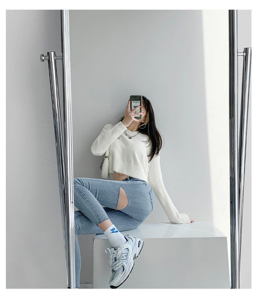 Ripped Jeans Women's High Waist Slimming Pants With Hips