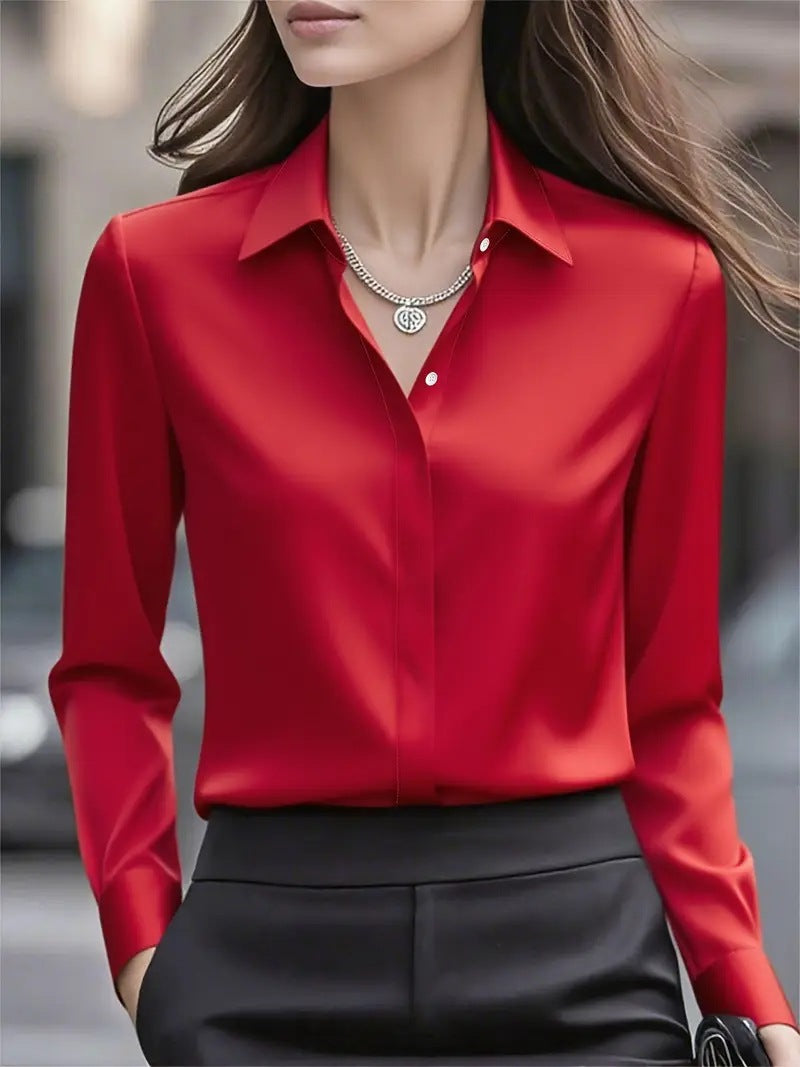 Solid Color Long Sleeve Lapel Satin Blouse