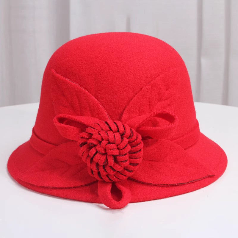 Korean Style Autumn And Winter Women's Woolen Hat Flowers British Retro Fisherman Basin Hat