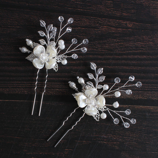 Korean Style Bridal Headdress Pearl Flower Leaf Fork