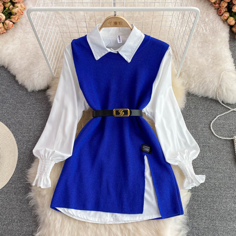 Slit Knitted Vest Shirt Western Style Youthful-looking Two-piece Set