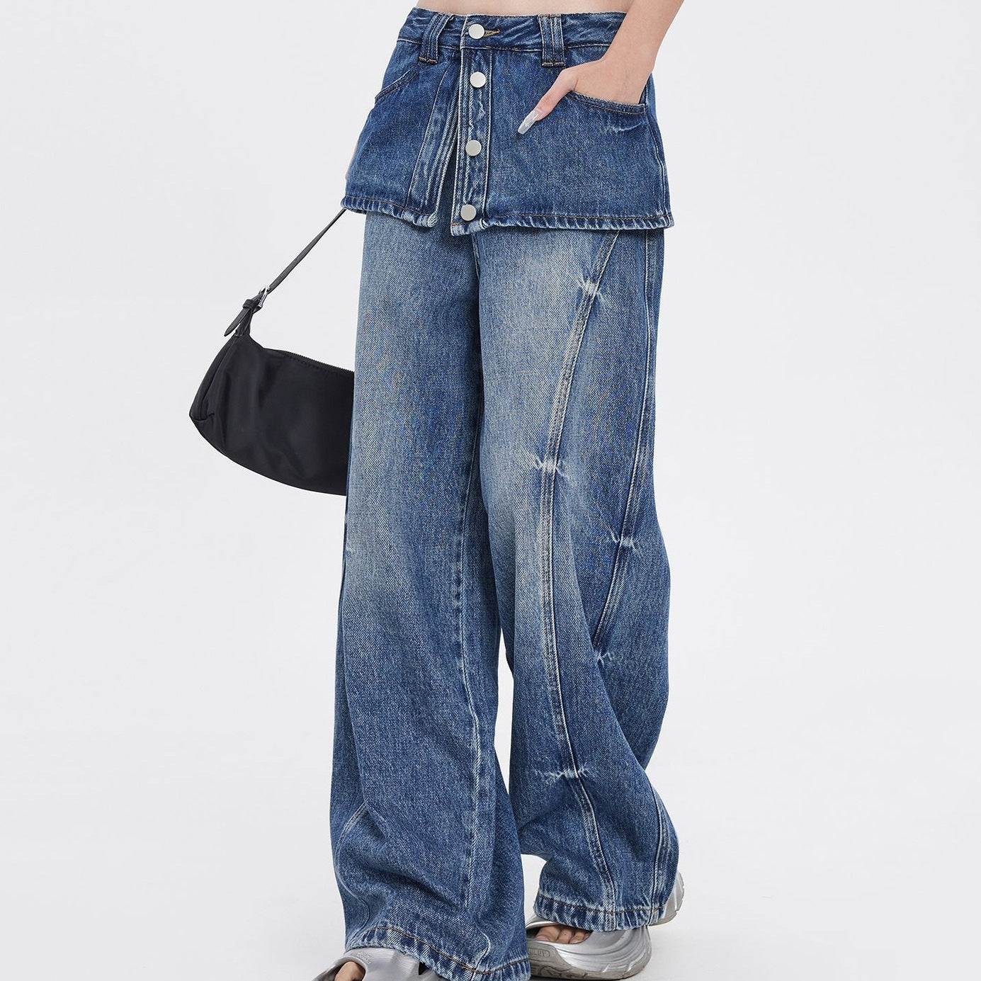 Retro Distressed Faux Two-piece Design Wide-leg Denim Jeans