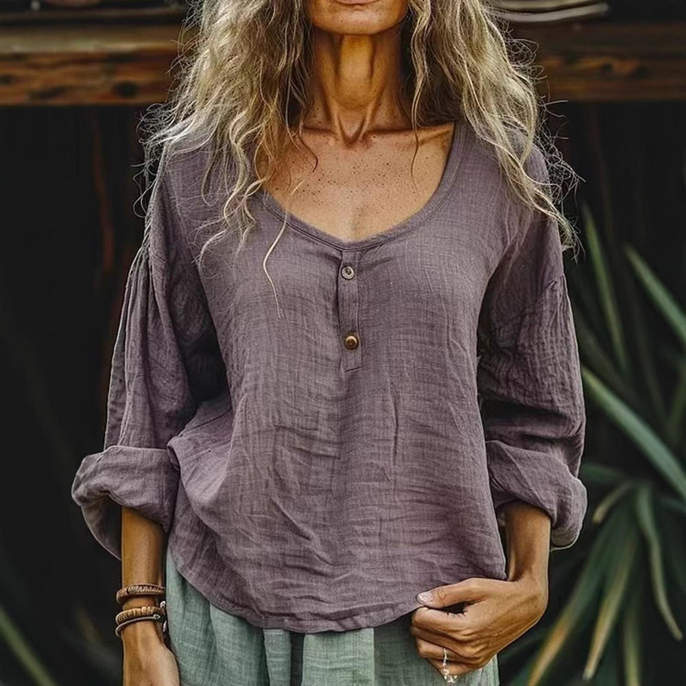 Women's Casual Loose Fashion Long Sleeve Linen Solid Color Top