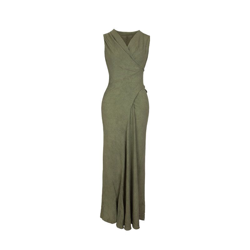 Overlap Neck Wrap Style Sleeveless Dress With A Soft Flowing Drape