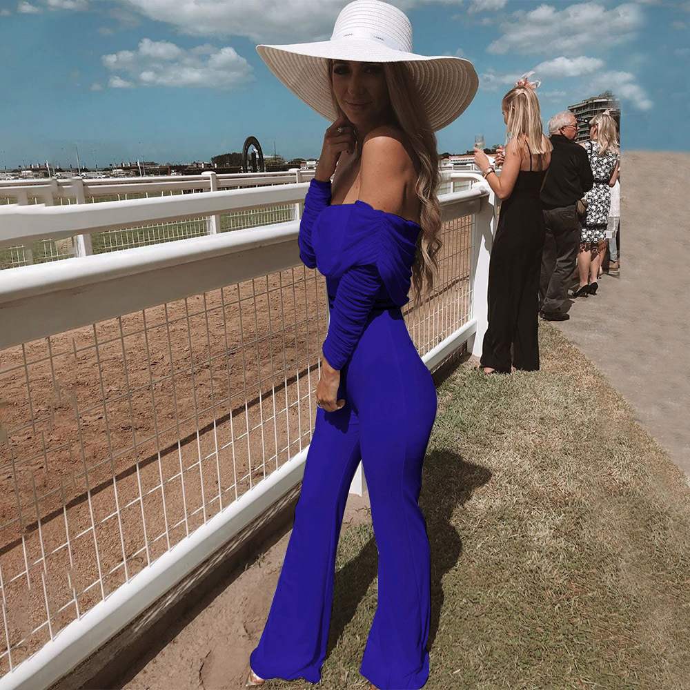 Solid Pleated One-piece Pants With Flared Shoulder Long Sle