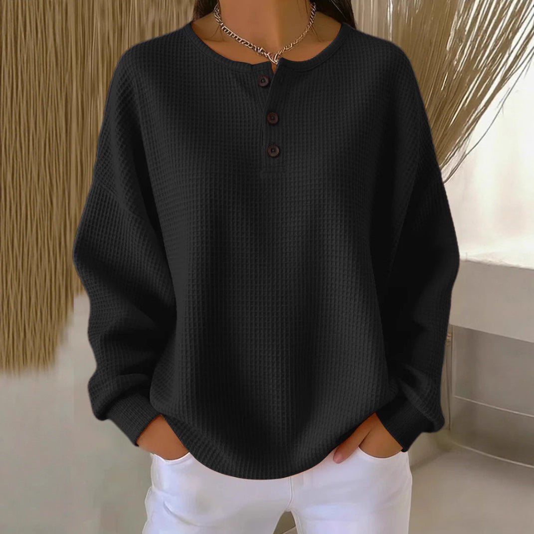 Ins Waffle Langærmet T-shirt Mode Ensfarvet Knapper Rund Hals Pullover Top Damebeklædning