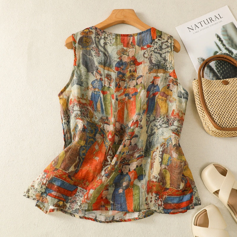 Women's Ramie Pullover Printed Slimming Comfortable Vest