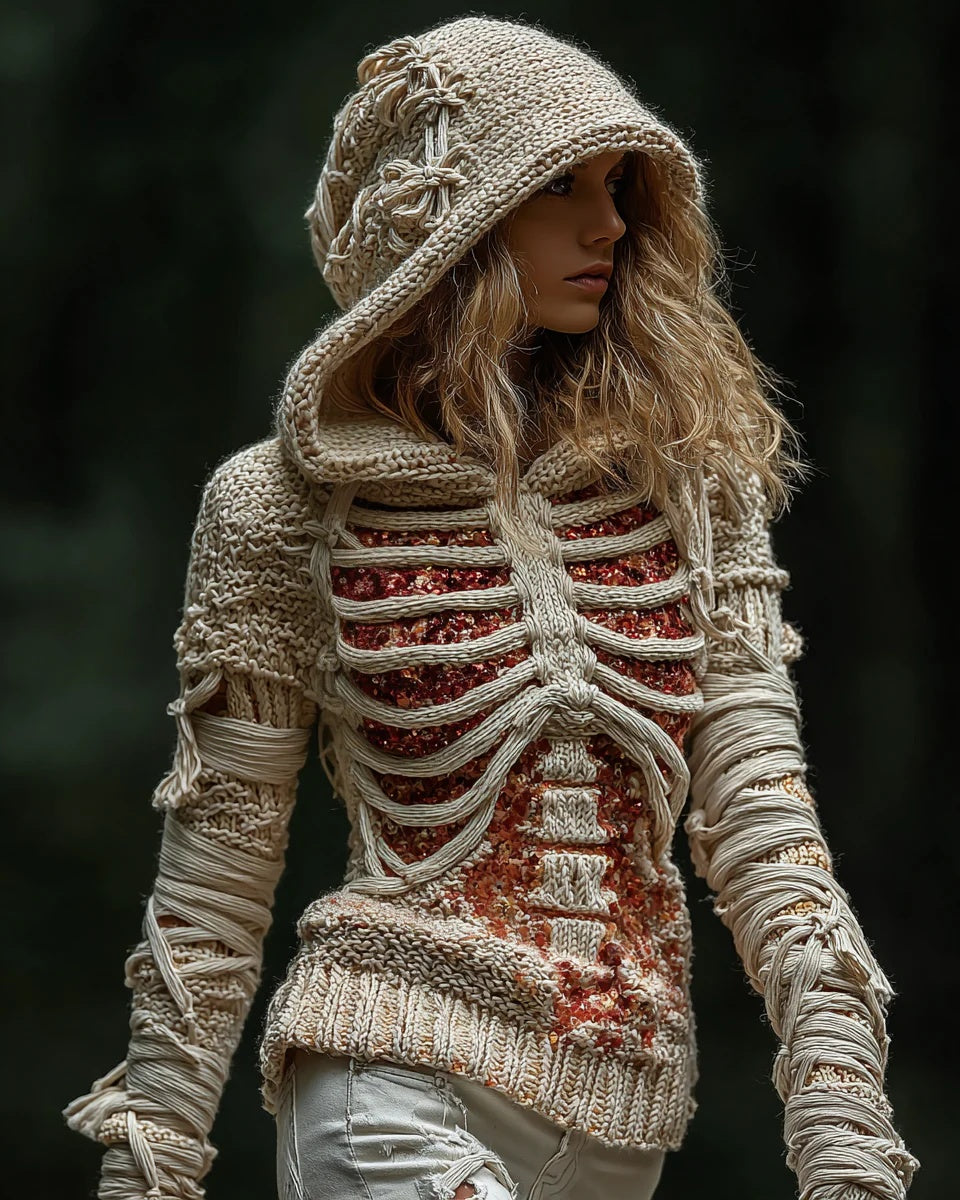 American Retro 3D Printed Hooded Cozy Loose Casual Womens Chunky-Knit Sweater