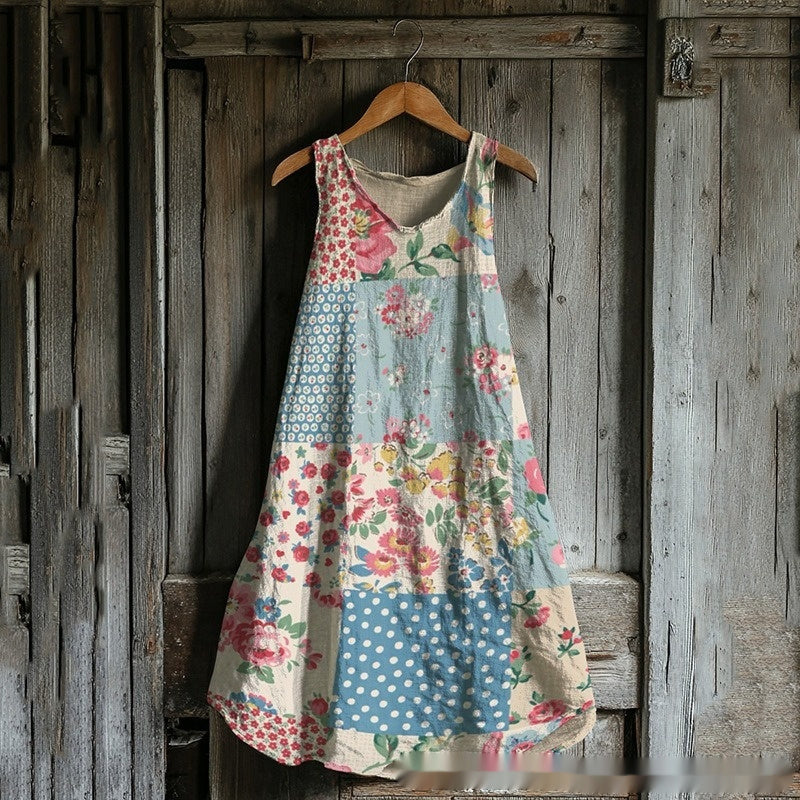 Sleeveless V-neck 3D-printed Fresh And Airy Dress