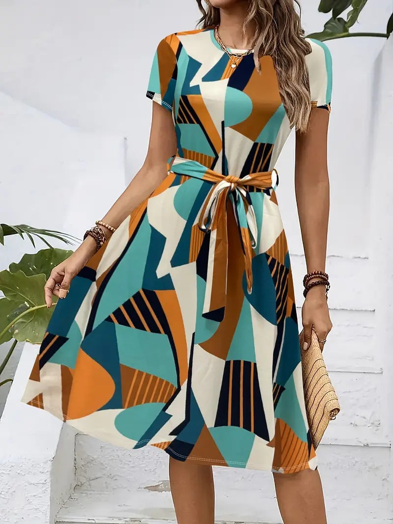 Womens Loose-fitting Dress With Short Sleeves A Crew Neck And A Belt