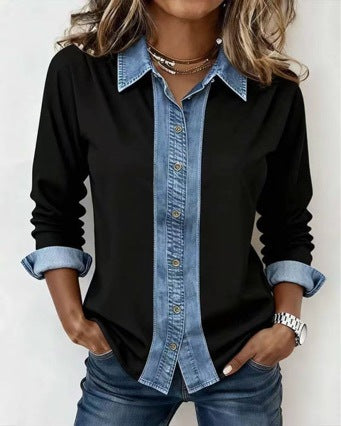 New AutumnWinter European And American Style Denim Patchwork Turn-Down Collar Loose Ribbed Sweater