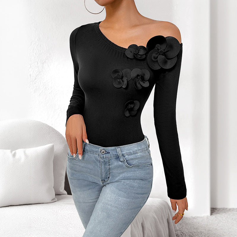 Diagonal Collar Single-shoulder Suspender Long-sleeved Tight Jumpsuit