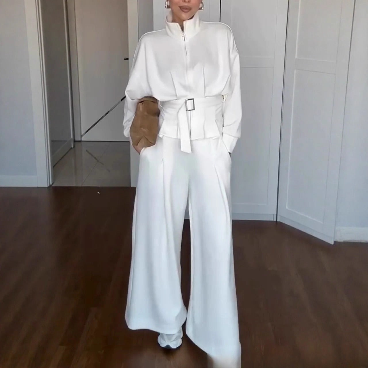 Casual Style Simple Fashion Graceful Stand Collar Zipper Jacket Pants Suit