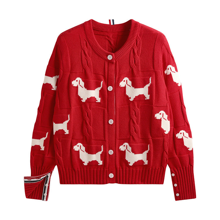 Design Dog Jacquard Twist Lazy Round Neck Knitted Cardigan