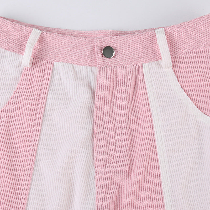 Multi Pocket Contrast Stitching Elements Low Waisted Corduroy Pants