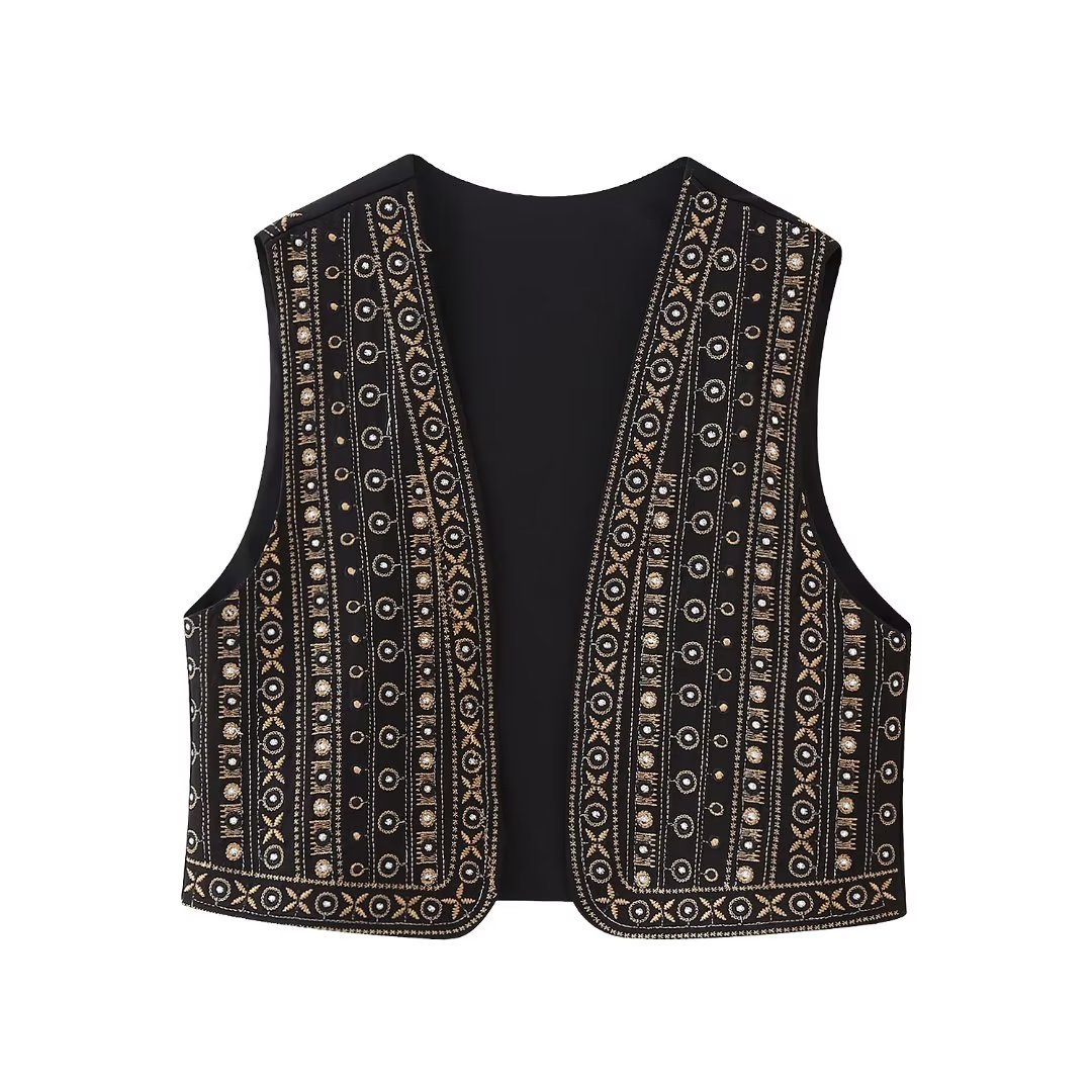 Autumn New Classic Style Beaded Embroidery Short Cotton-padded Jacket Vest