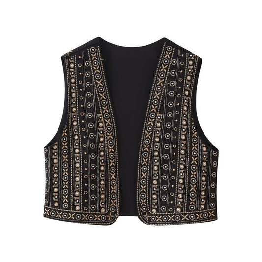 Autumn New Classic Style Beaded Embroidery Short Cotton-padded Jacket Vest