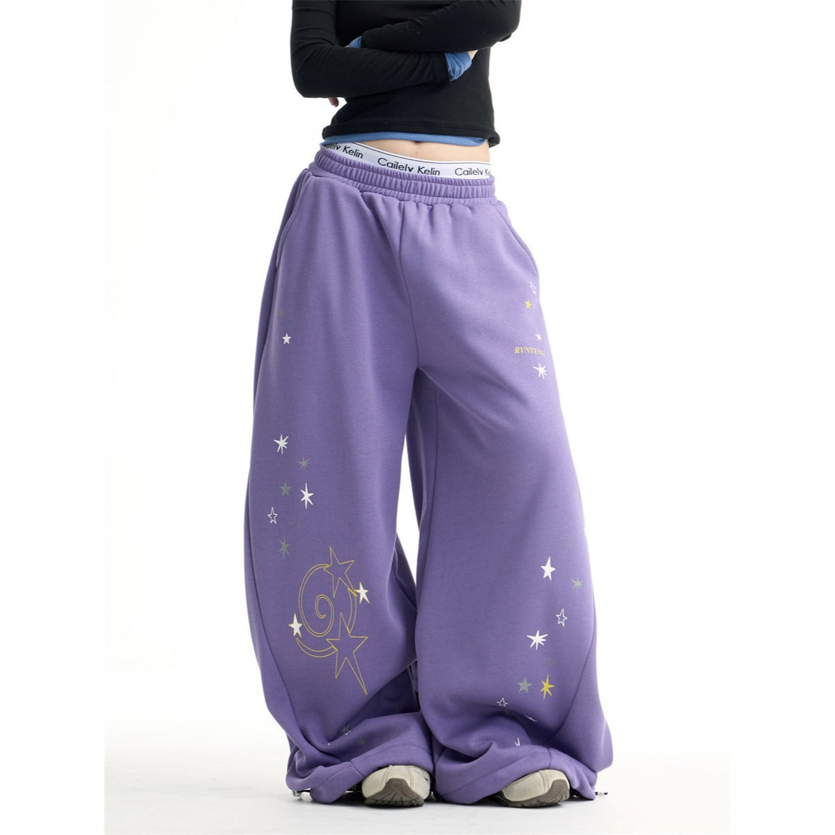 Womens Retro Star Drawstring Wide-Leg Sweatpants