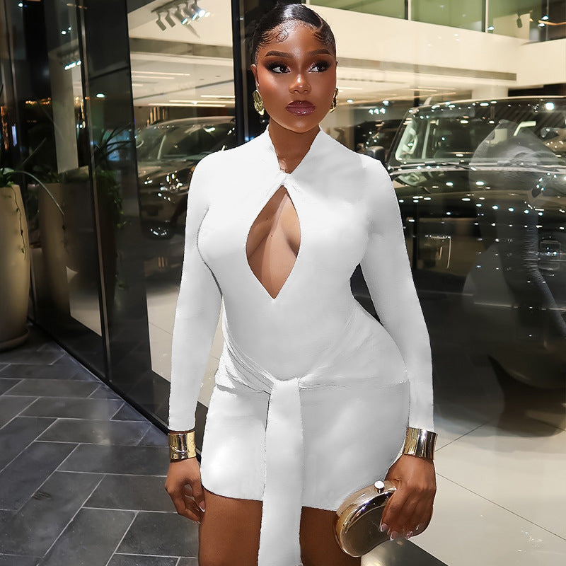 Hollow Out Bodycon Dress With A V Neck Long Sleeves And A Tie Up Design