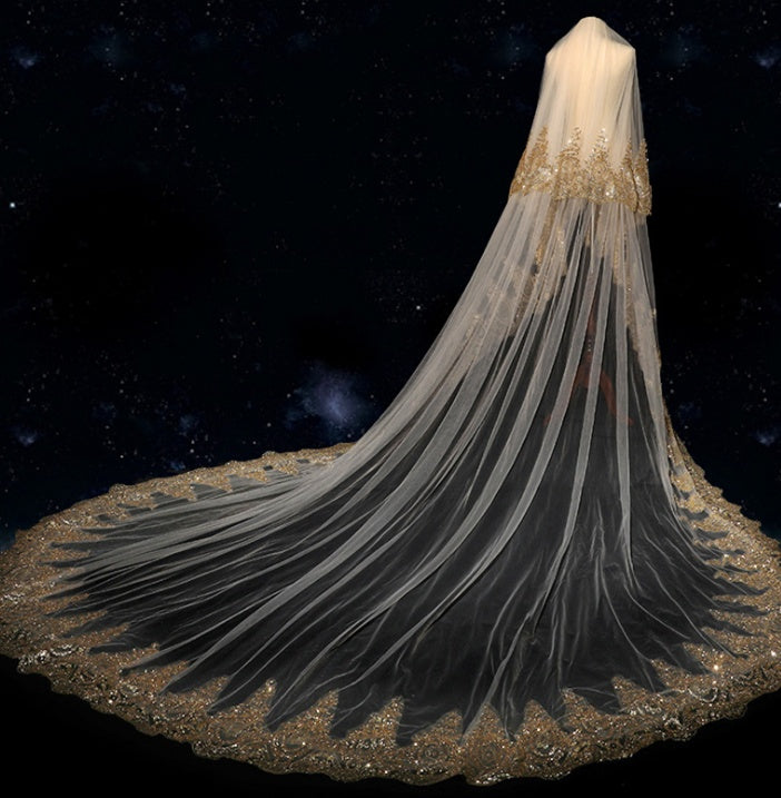 New Bridal Sequins Extra Long Lace Veil With Diamonds