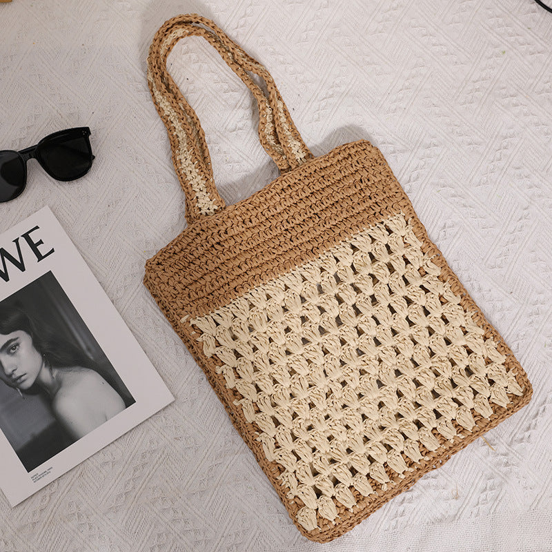 Color Matching Hollow Out Crochet One Shoulder Straw Bag