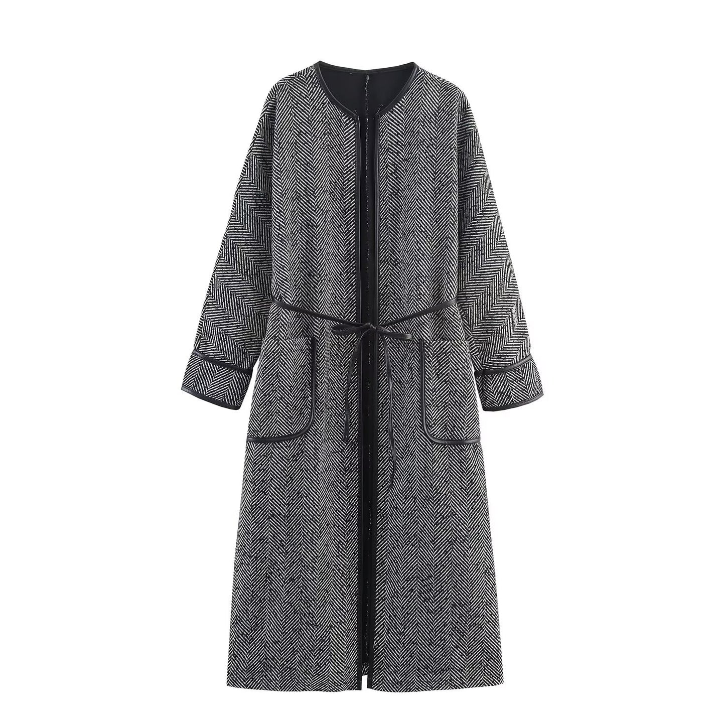 British Style Fashionable Temperament Lace Waist Design Mid-length Coat
