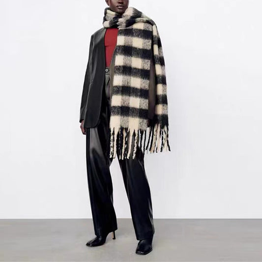 Black Rice Plaid Thick Tassel Scarf For Women Thickened Bib Shawl