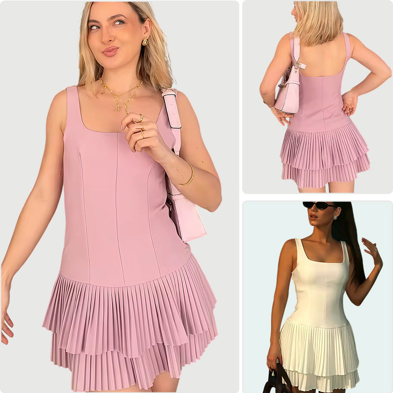 Backless Preppy-style Waist-cinching Vest Paired With A Pleated Skirt
