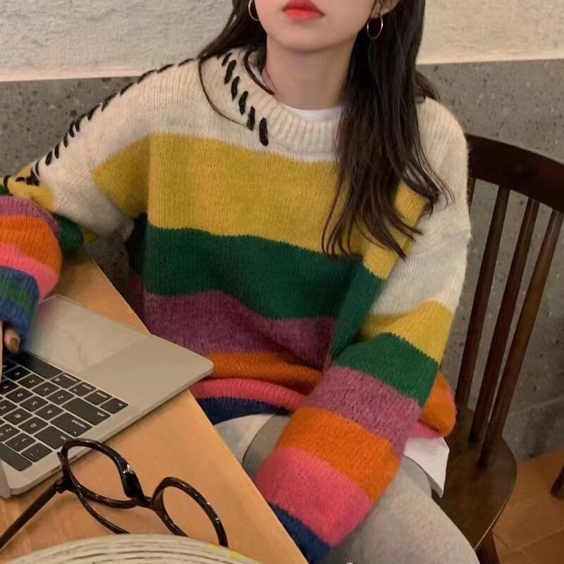 Rainbow Strip Loose Pullover Female