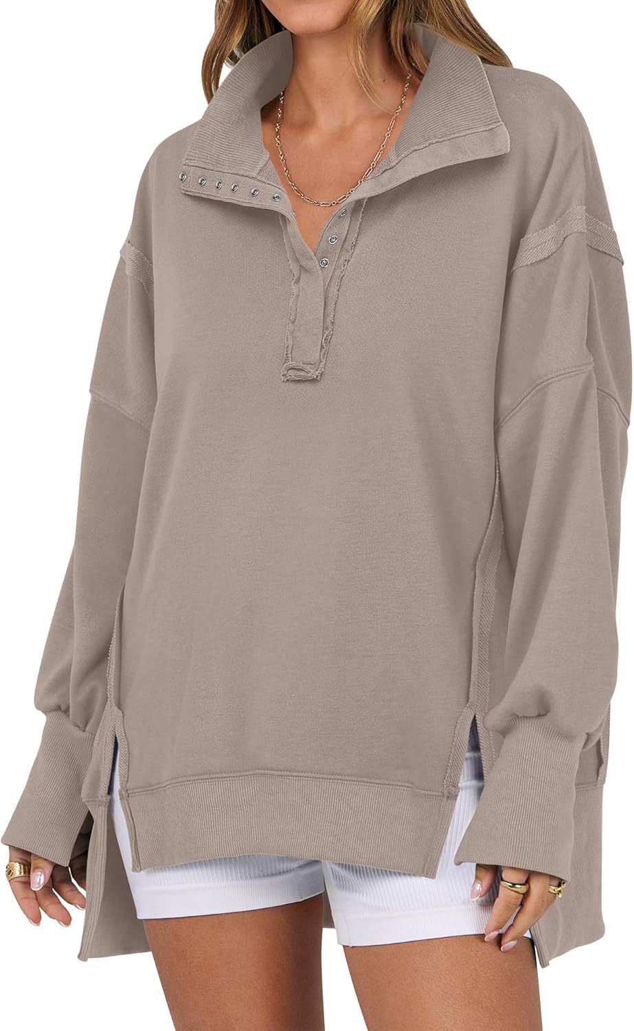 Decorative Moulding Design Blouse Split Lantern Sleeve Polo Collar Sweatshirt