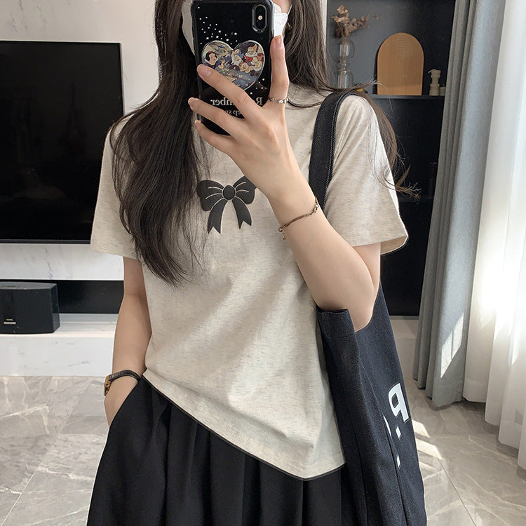 Spring Not Late Sweet Bow T-shirt Skulder