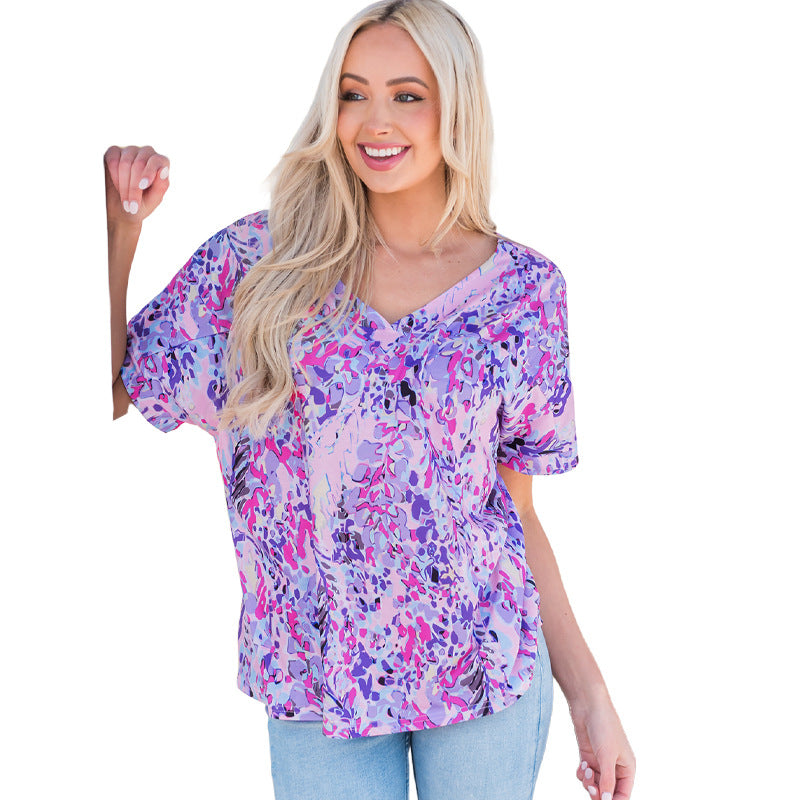 Loose Painted Flower Painting T-shirt Women Single Wear Paint Flower Casual Top Women