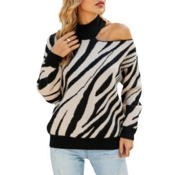 Half-high Collar Long Sleeves Tiger Pattern Sweater Off-the-shoulder Sweater