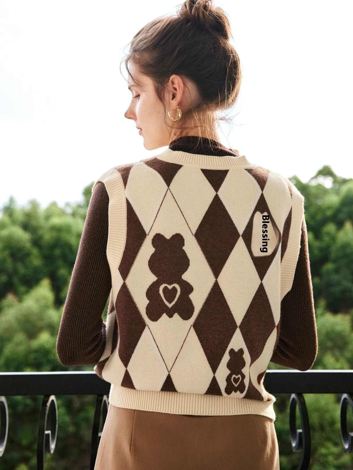 Knitted Vest Women's Rhombus V-neck Bandage Dress Sweater