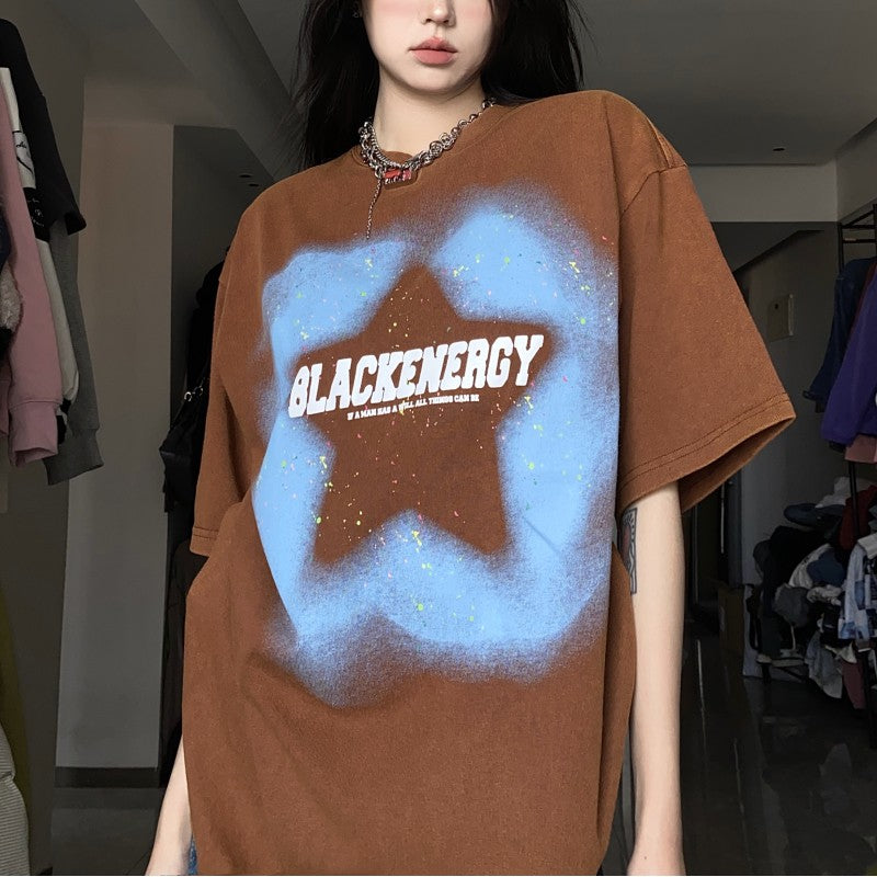 American Retro One Star Print Fried Color Short Sleeve