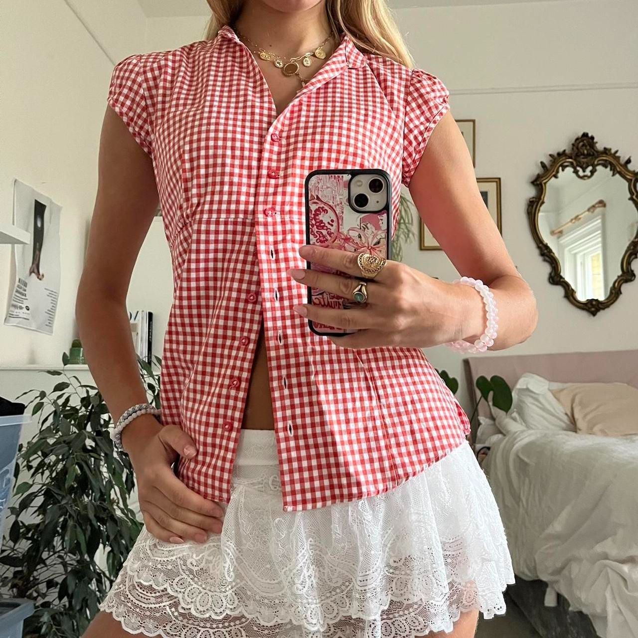 Red And White Short Sleeve Plaid Shirt Women