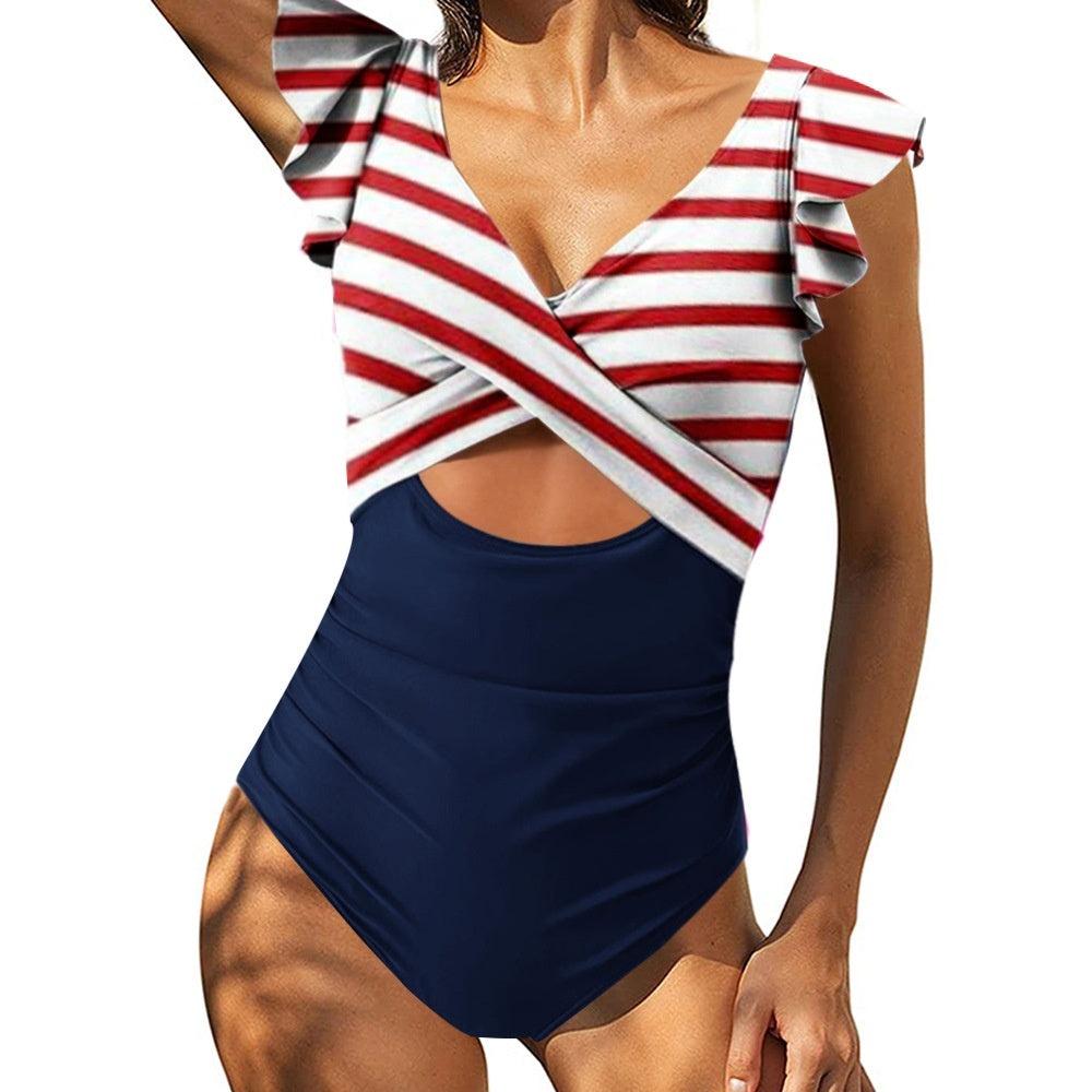Color Contrast Patchwork Flounce Covered Belly Swimsuit