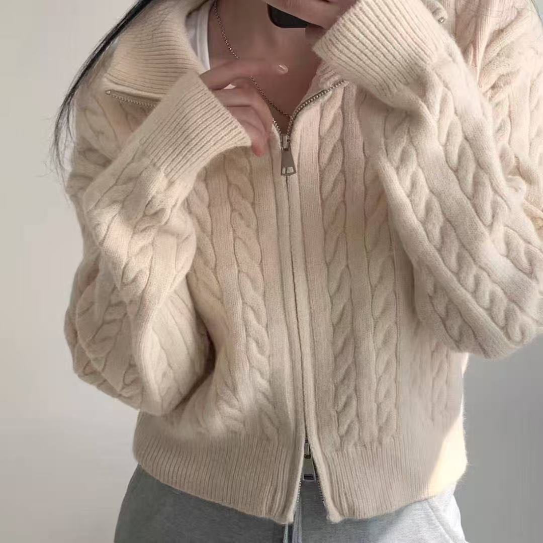 High-grade Lapel Double Zipper Twist Solid Color Sweater